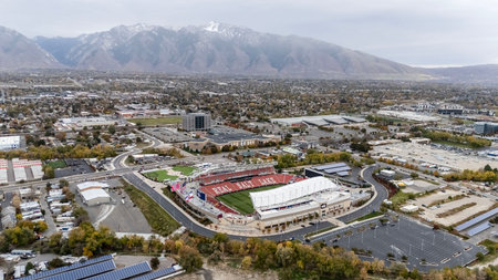 Aerial view of America First Field, home of the Real Salt Lake and National Womenâs Soccer League Club, Utah Royals FC.のeditorial素材