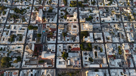 An aerial view of Merida, Yucatan, showcases its vibrant streets, colonial charm, and lush greenery. Known for safety and high quality of life, the city thrives as a top place to live, invest, and visit.のeditorial素材