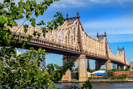 The Ed Koch Queensboro Bridge spans the river under a bright summer sky, steel towers glowing in the sun as traffic hums above sparkling water, framing Manhattan and Queens in warm light and city rhythm.の写真素材