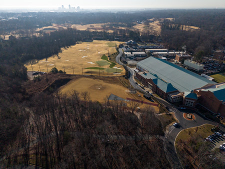 Aerial view of Wake Forest Universityâs Reynolda Campus in Winston-Salem, showcasing historic buildings, green quads, athletic facilities, and the hub of academics, research, and Demon Deacons sports.のeditorial素材