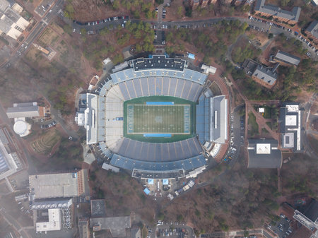 An aerial view of Kenan Stadium in Chapel Hill shows the historic UNC football venue nestled among...