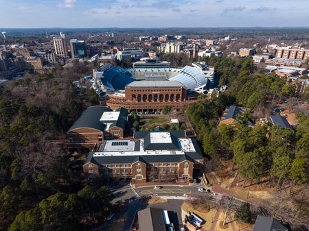 An aerial view of Kenan Stadium in Chapel Hill shows the historic UNC football venue nestled among...