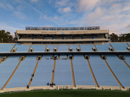 An aerial view of Kenan Stadium in Chapel Hill shows the historic UNC football venue nestled among...