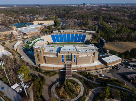 Aerial view of Wallace Wade Stadium at Duke University showcases Brooks Field, packed stands, and...
