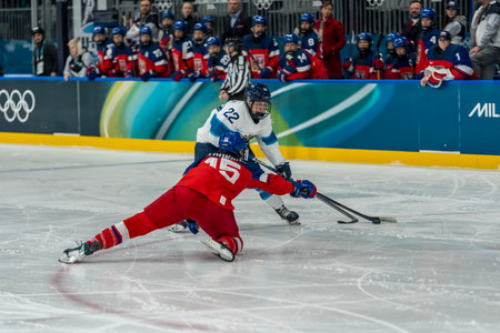forward Julia Schalin #22 of Team Finland plays against Czechia in the Preliminary Round Group A at the Milano Ice Park In Rho in MILAN, Italy during the 2026 Milano Cortina Winter Olympics.  Team Czechia wins the game, 2-0.のeditorial素材