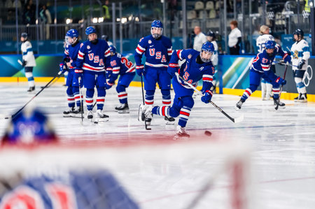 defender Megan Keller #5 of Team United States warms up before playing against  Team Finland in the Preliminary Round Group B at the Milano Ice Park In Rho in MILAN, Italy during the 2026 Milano Cortina Winter Olympics.  Team USA defeats Finland 5-0.のeditorial素材