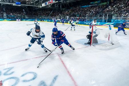 defender Nelli Laitinen #9 of Team Finland plays against Team USA in the Preliminary Round Group B at the Milano Ice Park In Rho in MILAN, Italy during the 2026 Milano Cortina Winter Olympics.のeditorial素材