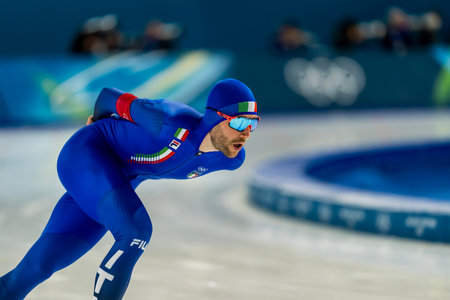 Michele Malfatti of Italy skates at the Milano Speed Skating Stadium during the menâs 500m at the Milano Cortina 2026 Olympic Games in Milano, Italy.のeditorial素材