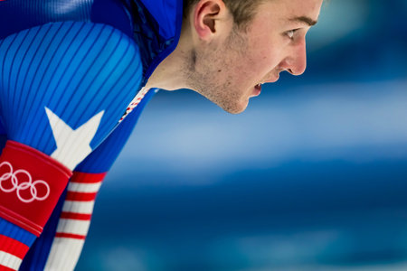 Casey Dawson of the United States skates at the Milano Speed Skating Stadium during the menâs 500m at the Milano Cortina 2026 Olympic Games in Milano, Italy.のeditorial素材