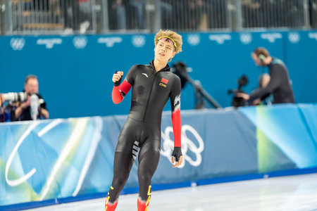 Hanbin Liu of China skates at the Milano Speed Skating Stadium during the menâs 500m at the Milano Cortina 2026 Olympic Games in Milano, Italy.のeditorial素材