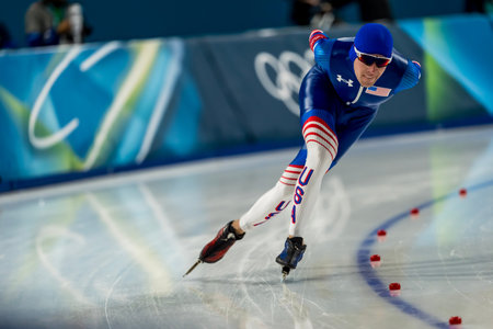 Casey Dawson of the United States skates at the Milano Speed Skating Stadium during the menâs 500m at the Milano Cortina 2026 Olympic Games in Milano, Italy.のeditorial素材