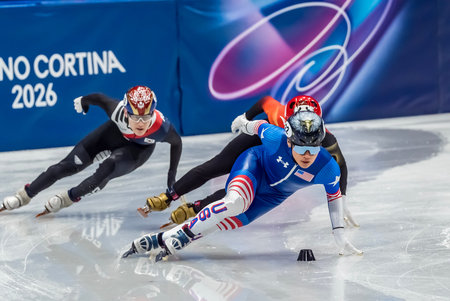 Andrew Heo #22 of the United States races during the Short Track Speed Skating Mens 500m Heats at...