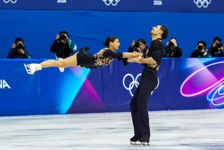Rebecca Ghilardi and Flilippo of Italy perform during the Figure Skating Pair Skating Free Skating Finals at the Milano Ice Skating Arena during the 2026 Milano Cortina Winter Olympics in Milan, Italy.のeditorial素材