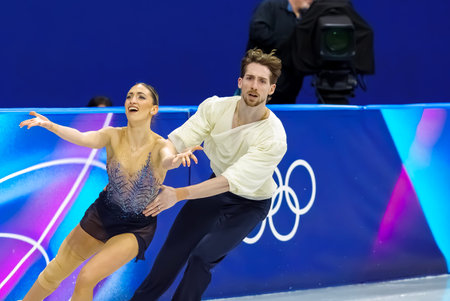 Sara Conti and Niccolo Macii of Italy perform during the Figure Skating Pair Skating Free Skating Finals at the Milano Ice Skating Arena during the 2026 Milano Cortina Winter Olympics in Milan, Italy.のeditorial素材