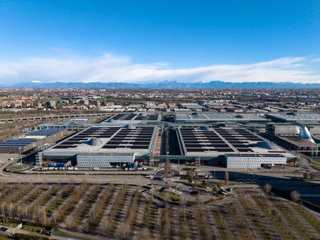 Aerial view of Milano Rho Ice Hockey Arena and  which hosts ice hockey for the 2026 Milano Cortina Winter Olympics in Milan, Italy.のeditorial素材