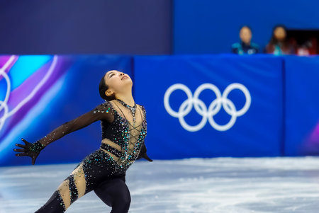 Ruiyang Zhang (4) of the People's Republic of China performs during the Figure Skating Women:  Single Skating:  Short Program at the Milano MSK Competition Rink in MILAN, Italy during the 2026 Milano Cortina Winter Olympics.  Ruiyang Zhang places 20th andのeditorial素材