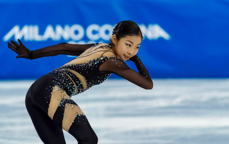 Ruiyang Zhang (4) of the People's Republic of China performs during the Figure Skating Women:  Single Skating:  Short Program at the Milano MSK Competition Rink in MILAN, Italy during the 2026 Milano Cortina Winter Olympics.  Ruiyang Zhang places 20th andのeditorial素材
