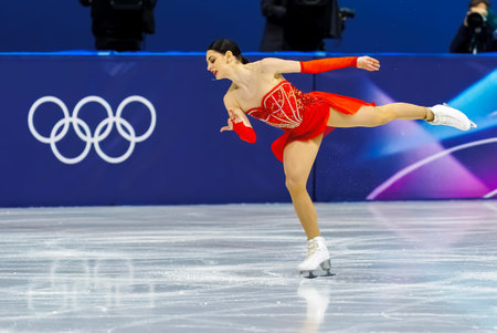 Julia Sauter (9) of Romania performs during the Figure Skating Women:  Single Skating:  Short Program at the Milano MSK Competition Rink in MILAN, Italy during the 2026 Milano Cortina Winter Olympics.  Julia Sauter places 18th and qualifies for the finalsのeditorial素材