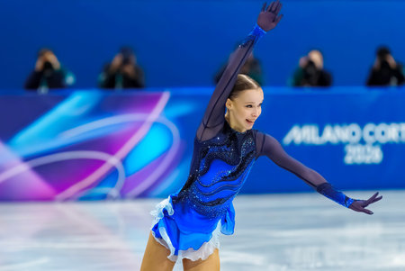Mariia Seniuk (7) of Israel performs during the Figure Skating Women:  Single Skating:  Short Program at the Milano MSK Competition Rink in MILAN, Italy during the 2026 Milano Cortina Winter Olympics.  Mariia Seniuk places 22nd and qualifies for the finalのeditorial素材