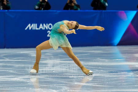 Meda Variakojyte (3) of Lithuania performs during the Figure Skating Women:  Single Skating:  Short Program at the Milano MSK Competition Rink in MILAN, Italy during the 2026 Milano Cortina Winter Olympics.  Meda Variakojyte places 27th and does not qualiのeditorial素材