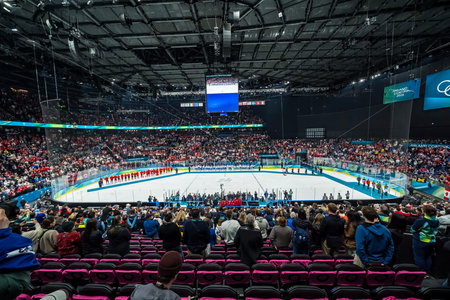 Team USA stands for the national anthem after defeating Team Canada 2:1 in overtime for the Mens...