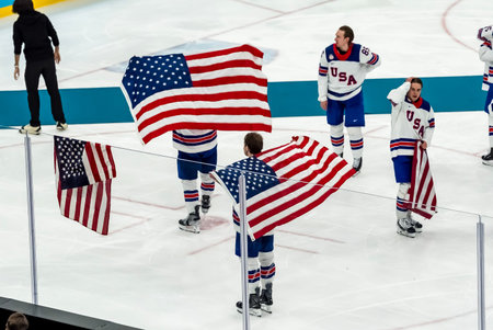 Team USA celebrates after defeating Team Canada 2:1 in overtime for the Mens Gold Medal Game at the Milano Santagiulia Ice Hockey Arena in MILAN, Italy during the 2026 Milano Cortina Winter Olympics.のeditorial素材