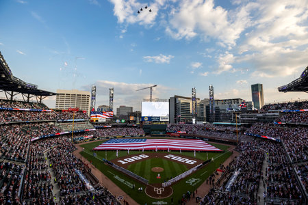 Opening Day in Atlanta thrills as F-35 Lightning II jets roar overhead, a massive American flag...
