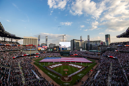 Opening Day in Atlanta thrills as F-35 Lightning II jets roar overhead, a massive American flag...