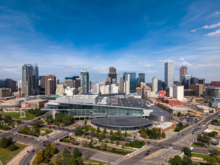 Aerial drone view of Denver, Colorado, the Mile High City. The state capital is east of the Rocky Mountains, serving as a key economic and cultural center along the vibrant Front Range Urban Corridor.