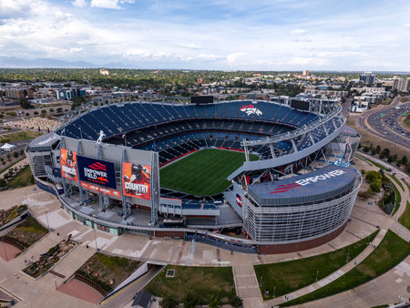 Aerial view of Empower Field at Mile High in Denver, Colorado, home of the NFL's Denver Broncos. Opened in 2001, this American football stadium is a popular sports and entertainment venue in the city.