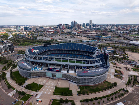 Aerial view of Empower Field at Mile High in Denver, Colorado, home of the NFL's Denver Broncos. Opened in 2001, this American football stadium is a popular sports and entertainment venue in the city.