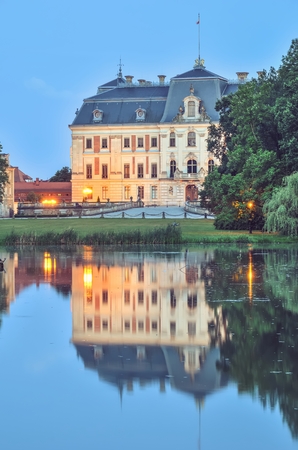 Castle in Pszczyna town in Poland. Beautiful antique neo baroque castle by evening.のeditorial素材
