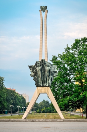 TYCHY, POLAND - JULY 7, 2017: Icon of Tychy city in Poland. Monument of struggle and work in a city park.のeditorial素材