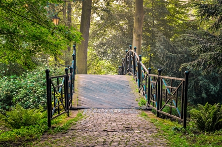 Green park in the morning. Bridge in a beautiful castle park in Pszczyna, Poland.の写真素材