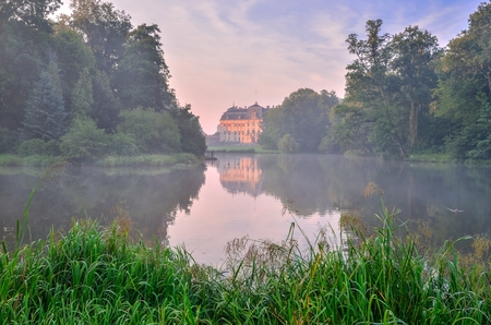 Castle in Pszczyna town in Poland. Beautiful antique neo baroque castle at summer morning.のeditorial素材
