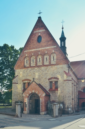CHRZANOW, POLAND - AUGUST 19, 2017: Parish church of St. Nicholas in the center of ChrzanÃ³w, Poland.のeditorial素材