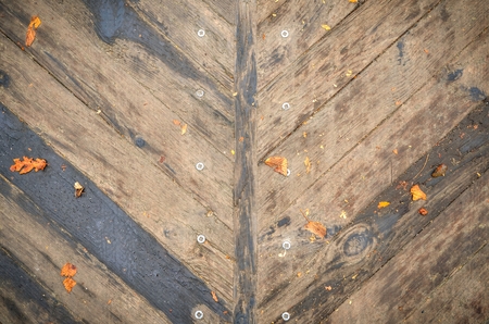 Brown wooden background. Natural planks with autumn leaves.の写真素材