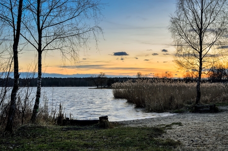 Beautiful morning landscape. Trees on the banks of the lake before sunrise.の写真素材