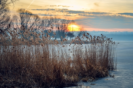 Colorful winter morning. A beautiful sunrise over the lake.の写真素材