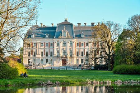 PSZCZYNA, POLAND - APRIL 20, 2018: Beautiful antique neo baroque Castle in Pszczyna, Poland.のeditorial素材