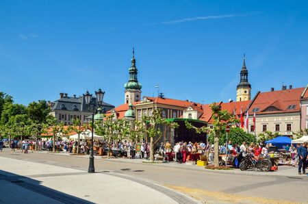 PSZCZYNA, POLAND - MAY 13, 2018: Antique market on a beautiful historic market in Pszczyna, Poland.のeditorial素材