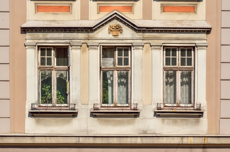 Beautiful architectural detail. Old historic facade of the municipal tenement in Bielsko-Biala, Poland.のeditorial素材