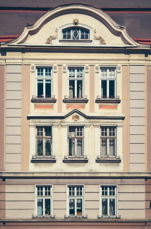 Beautiful architectural detail. Old historic facade of the municipal tenement in Bielsko-Biala, Poland.のeditorial素材
