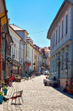 BIELSKO-BIALA, POLAND - MAY 13, 2018: Alley with old tenements at the market square in Bielsko-Biala, Poland.のeditorial素材