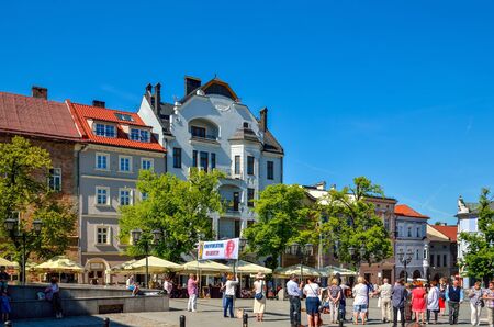 BIELSKO-BIALA, POLAND - MAY 13, 2018: Beautiful historic market in Bielsko-Biala, Poland.のeditorial素材