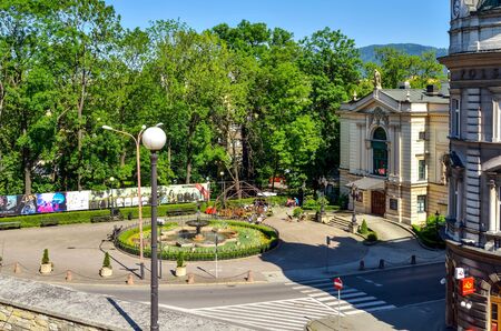 BIELSKO-BIALA, POLAND - MAY 13, 2018: Polish Theater and the historic fountain in Bielsko-Biala, Poland.のeditorial素材