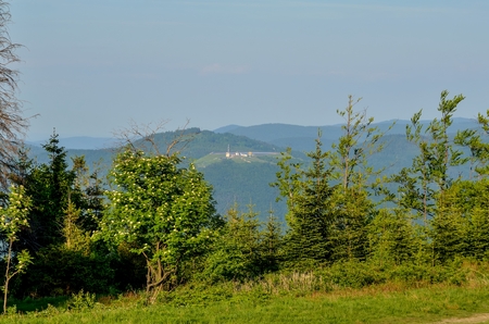Spring mountain landscape. A beautiful view of the green hills.の写真素材