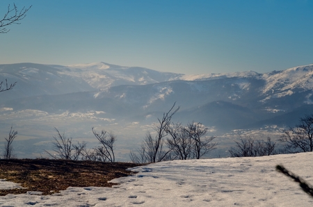 Fabulous winter landscape. Beautiful sunny mountain view in Poland.の写真素材