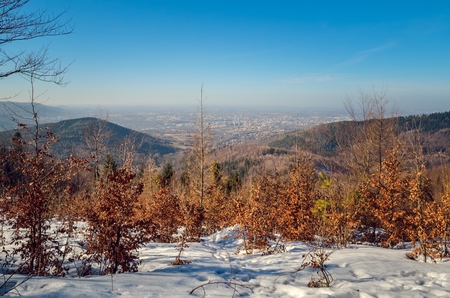 Beautiful winter mountain landscape. Sunny day on the trail in the Polish mountains.の写真素材