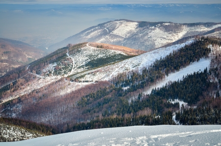 Beautiful winter fairytale landscape. Snow capped trees and slopes in the Polish mountains.の写真素材